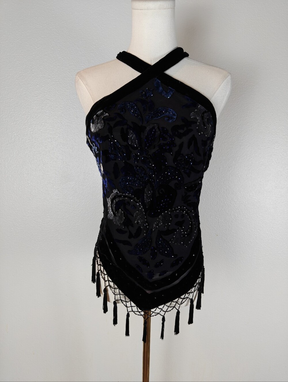 Y2K Black Silk Velvet Beaded Fairygoth Halter Top - Picture 7 of 8